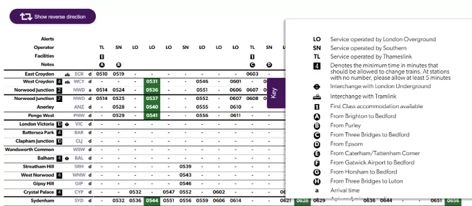 RailSmart T&T Timetable Options Screenshot